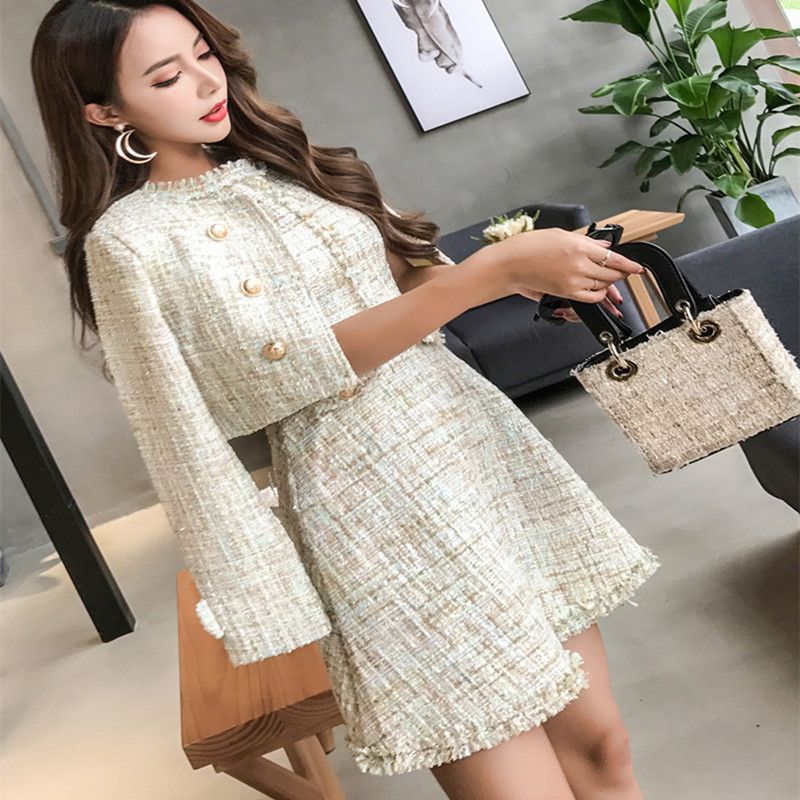 2021 New Autumn Runway Tweed 2 Piece Set Dress Designer Winter Women White Short Jacket Coat + Mini Tank Tassel Wool Blend Suits alx