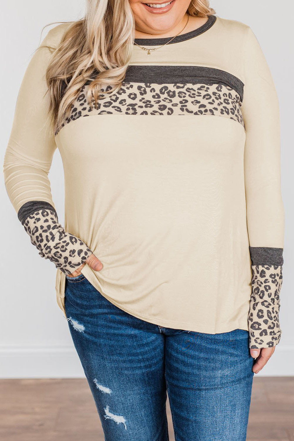 Plus Size Leopard Stitching Long Sleeve Top