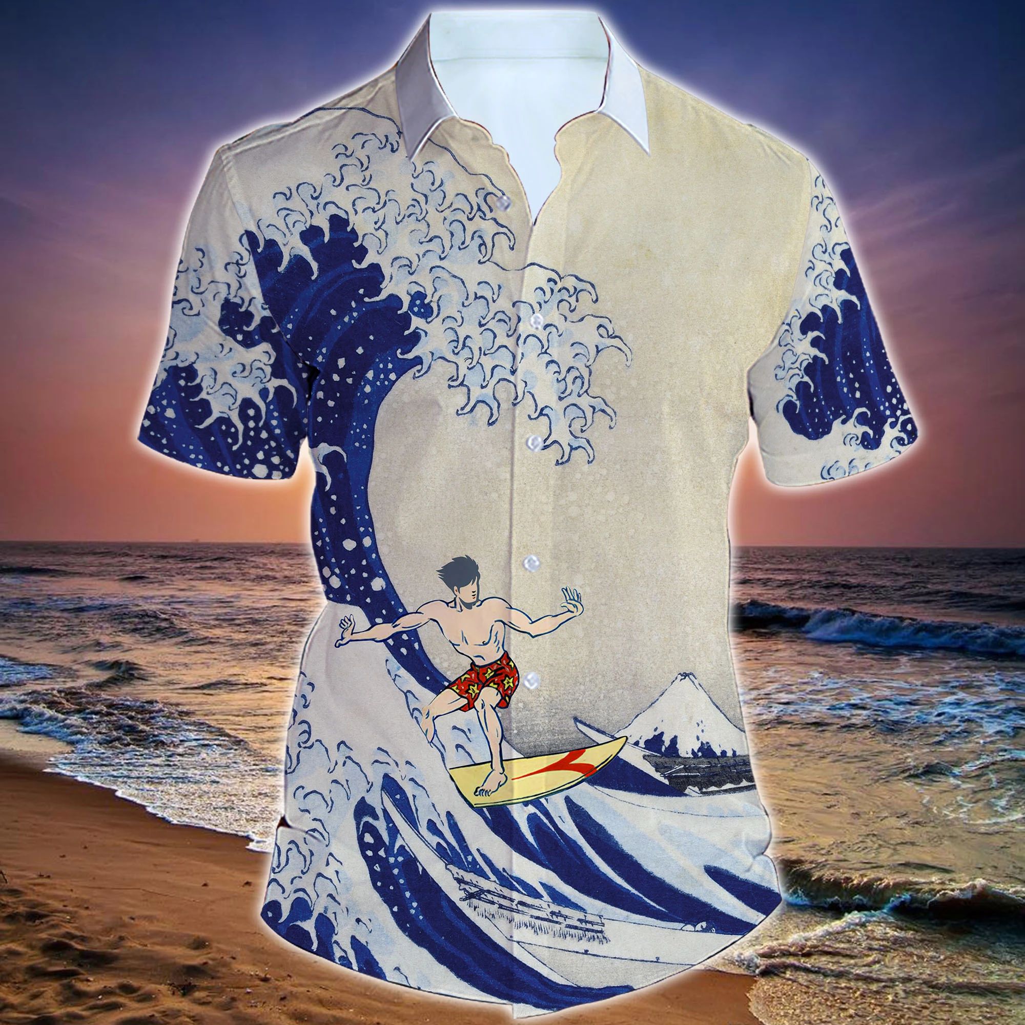 Great Wave Sufing All Over Printed Hawaii Shirt Size S Ha65884