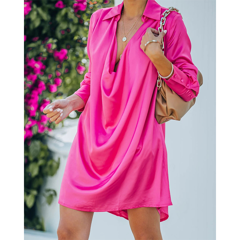 2021 Women Plus Size Dress Shirt Satin Long Sleeve Casual Loose Oversized Solid Color Short Dress Autumn Winter alx