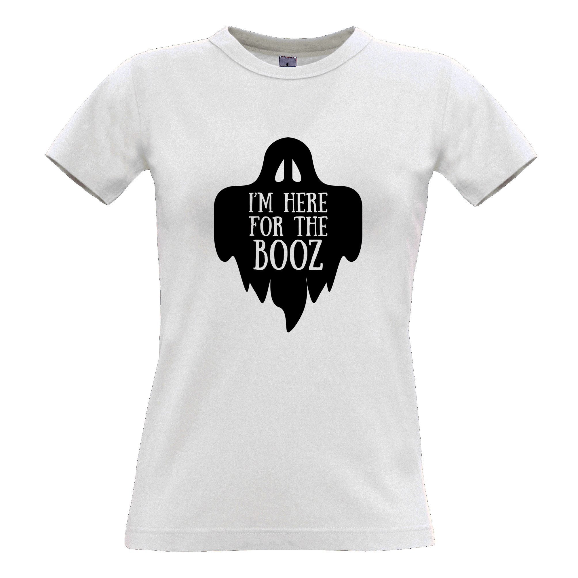 Novelty Halloween Womens T Shirt I’M Here For The Booz Joke