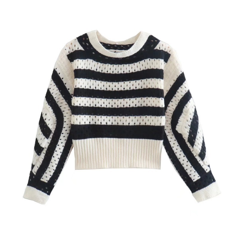 Women Knitted Black White Striped Long Sleeve Hollow out Crop Pullover Sweater alx