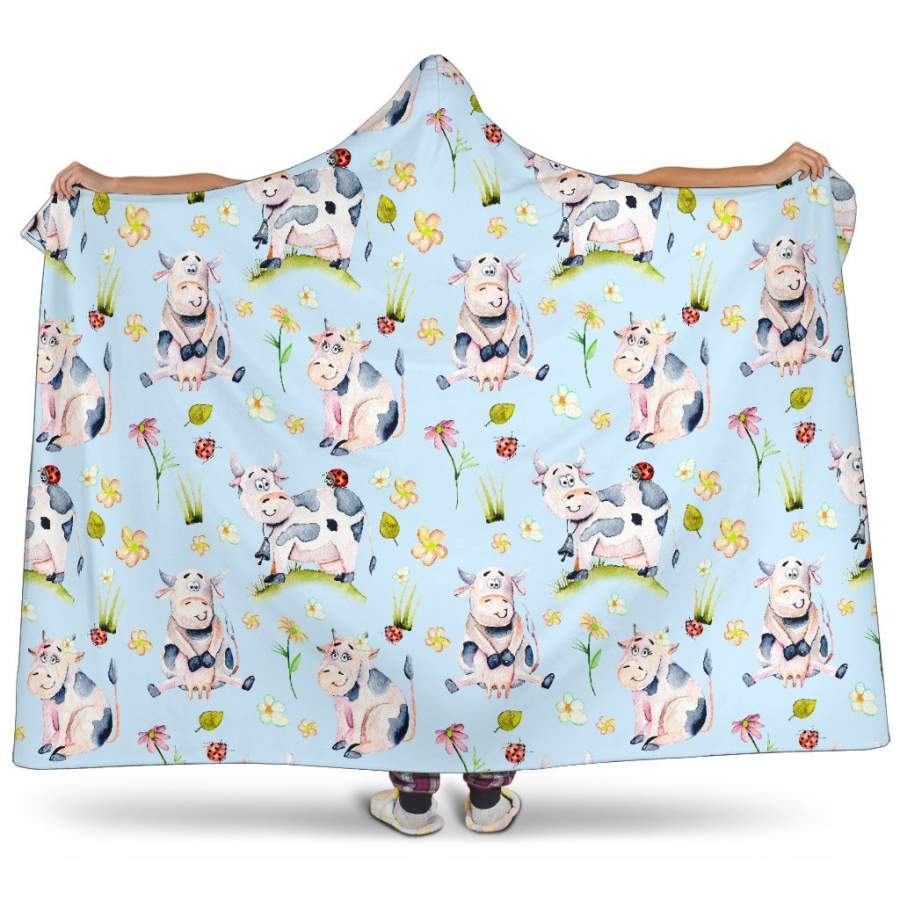 Watercolor Cartoon Cow Pattern Print Hooded Blanket