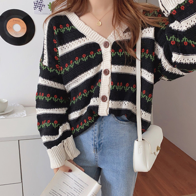 Cardigan Sweater Women Single-Breasted Retro Floral Coat 2021 Spring New Pull Loose Elegant Hollow Knit Tops Vetement Femme W017 alx