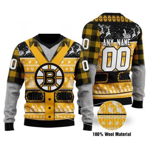 Boston Bruins Custom Name Number Gold Black Gift For Fan Ugly Wool Sweater Christmas