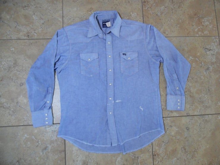 Vtg Wrangler Chambray Blue Pearl Snap Cowboy Western Usa Made 17 5X33 Shirt