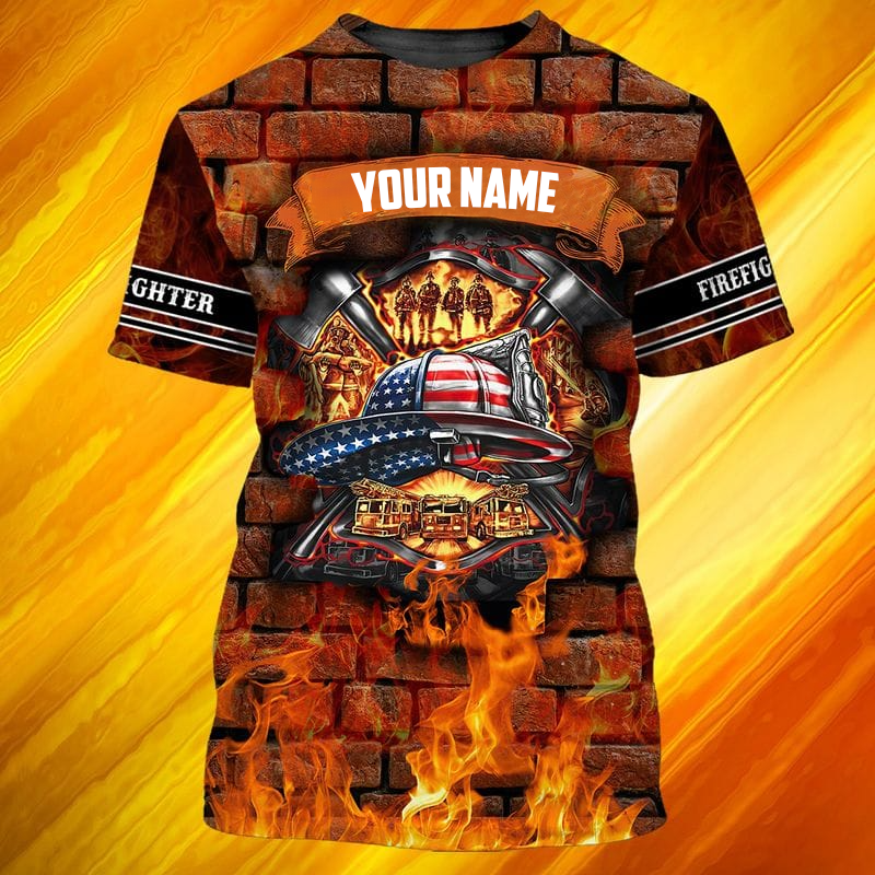 Custom Name Brick On Fire Firefighter 3D Shirt, Personalized Firefighter Tshirt