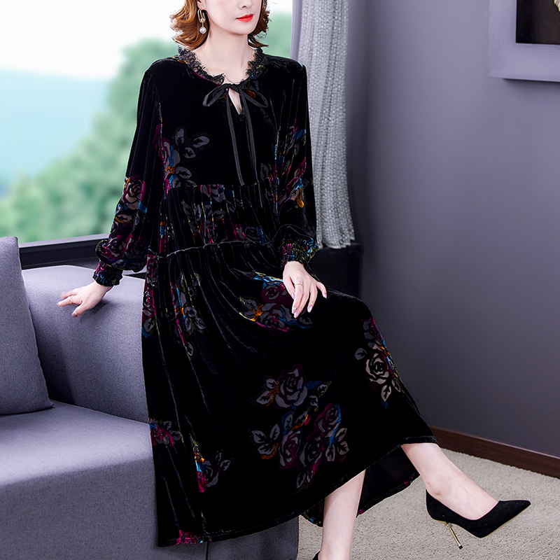 Autumn Winter Large Size Gold Velvet Dress Fashion Loose Eegant Flocking Vintage Flower Long Dress Jacquard Female Vestidos alx