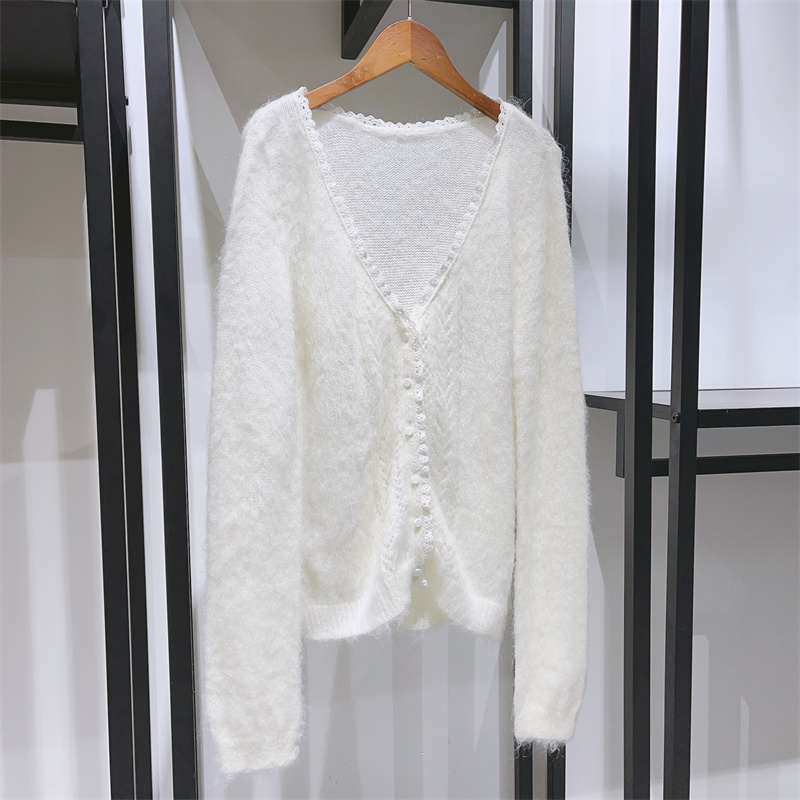 Women White Sweet Knit Cardigan Hollow out V-neck Long Sleeve Soft Female Lace Trim Sweater alx