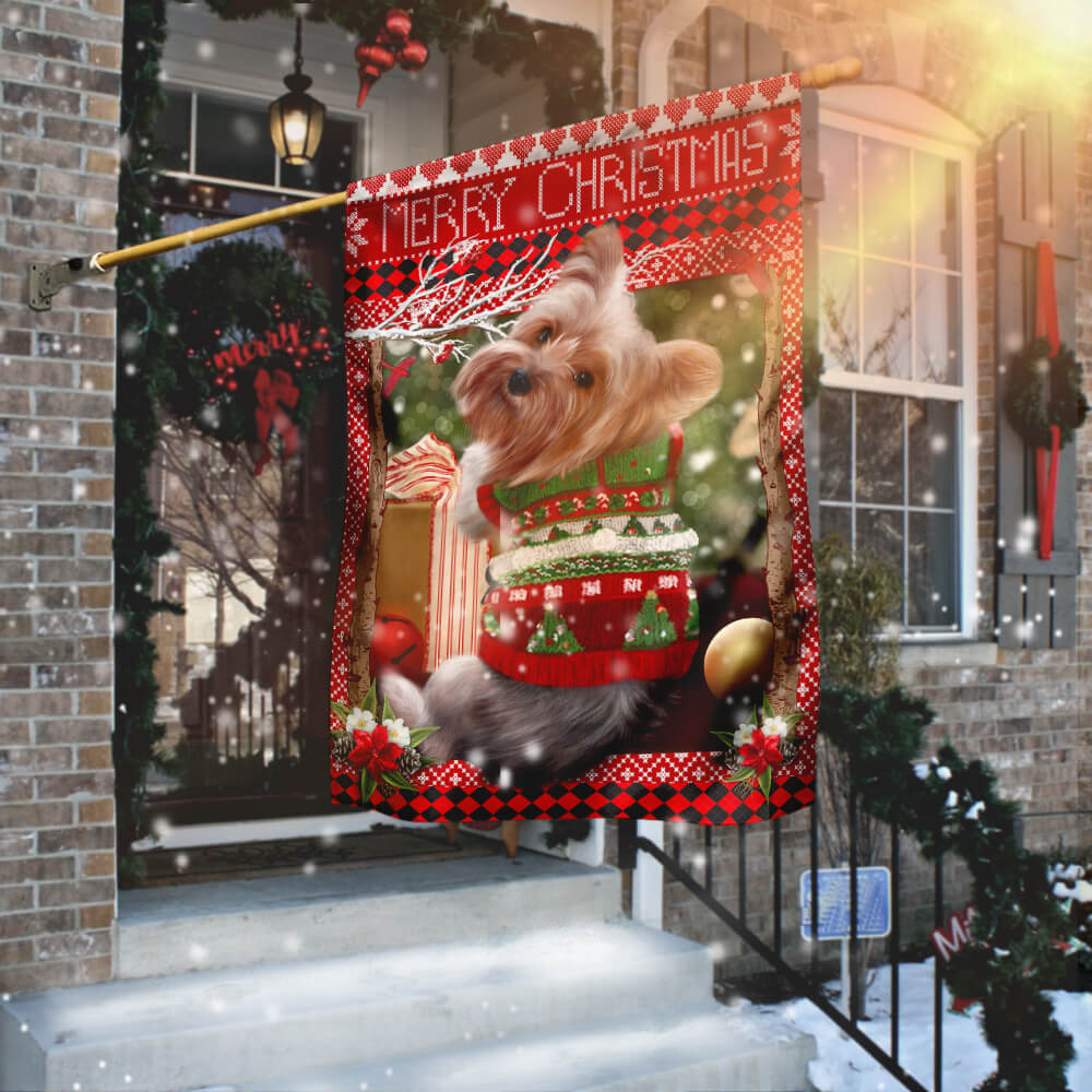 Yorkie Christmas Ugly Sweater Heavy Canvas Garden Flag, House Flag