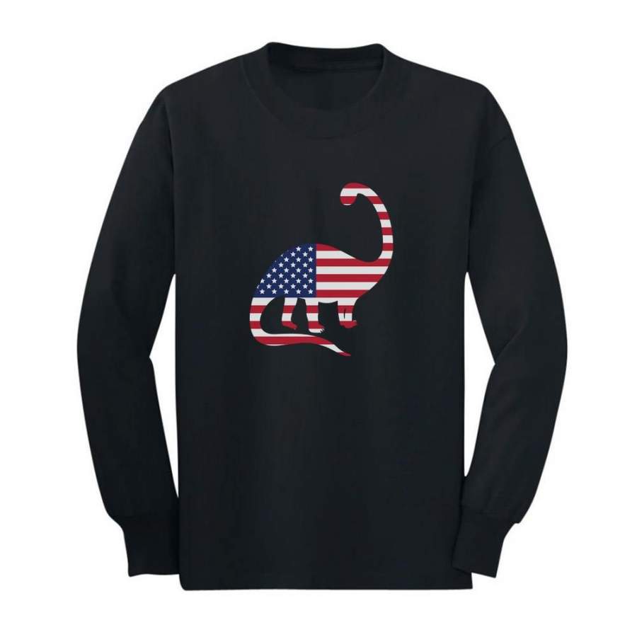 USA Dinosaur American Flag 4th of July Youth Kids Long Sleeve T-Shirt