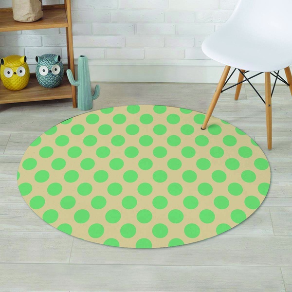 Cream And Teal Polka Dot Round Rug