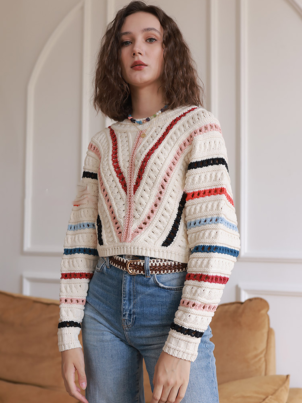 Aich Mirror Rainbow Stripe Jacquard Knit Sweater O-Neck Long Sleeve Hollow Out Loose Female Pullover Casual Cozy Ladies Tops alx