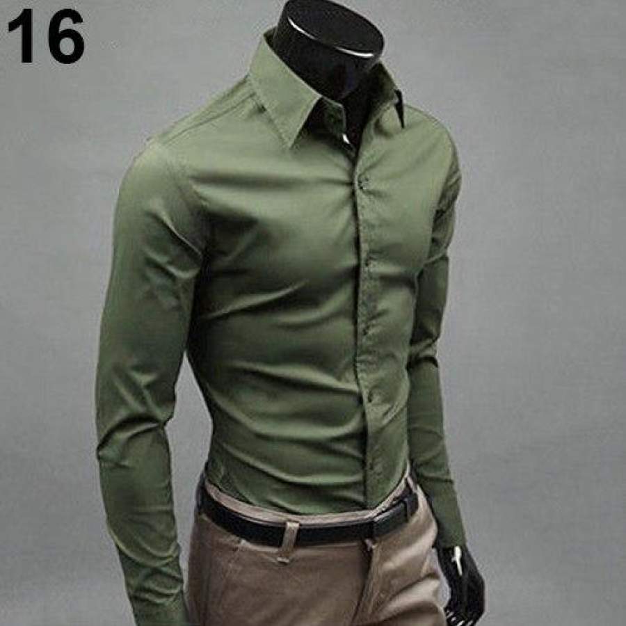 Men’s Fashion Casual Solid Candy Color Long Sleeve Slim Fit Dress Shirt Top