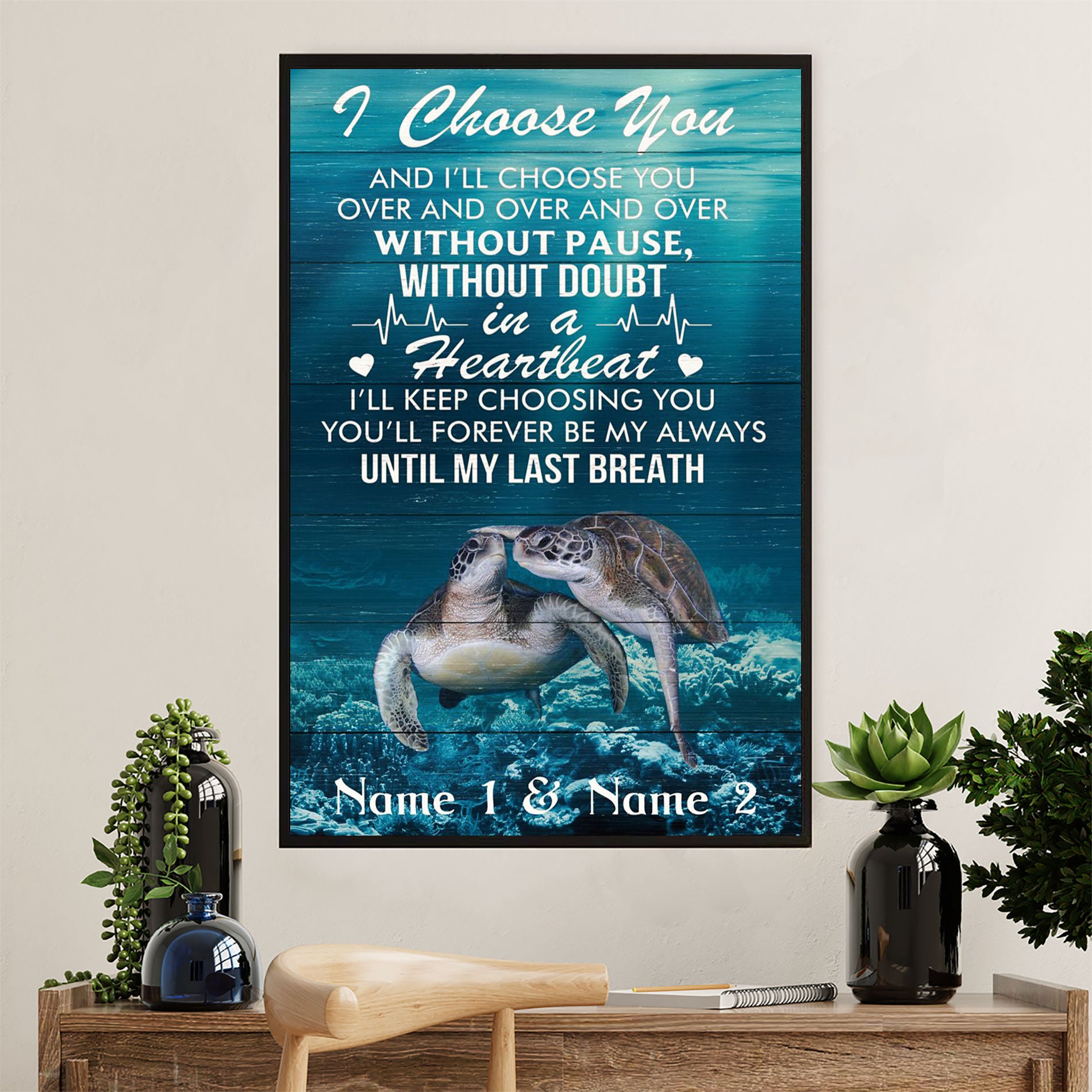 Summer Beach Ocean Poster | Personalized Name Turtle Couple | Wall Art Gift For Sand Sea Ocean Lover