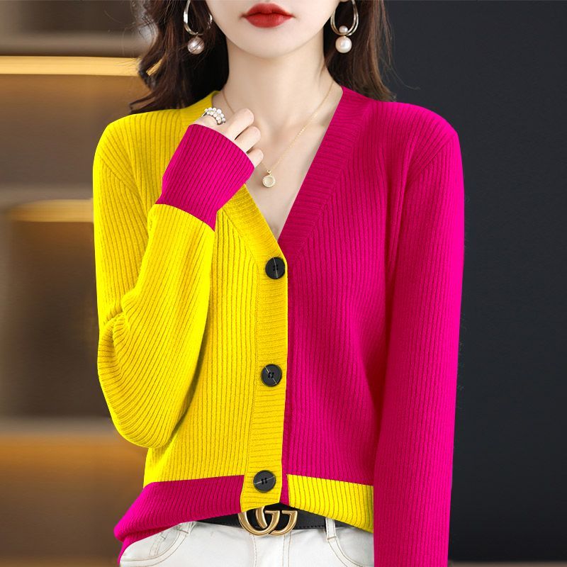 Casual Fashion V-Neck Spliced Color Knitted Cardigan Sweater Women’s Clothing 2022 Autumn New Loose Korean Tops All-match Coat alx