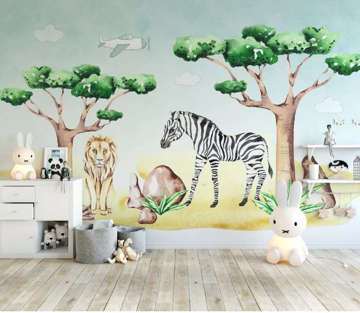 3D Animal Lion Zebra Aircraft Trees Wall Mural Wallpaper 2361