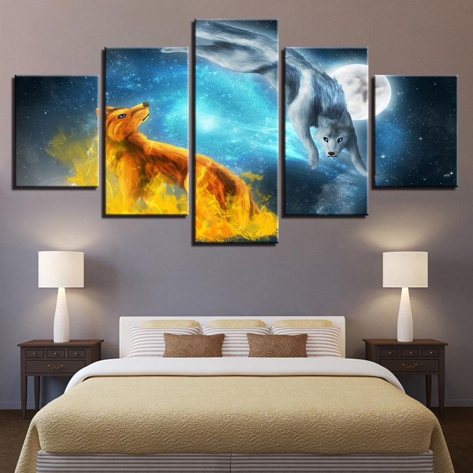 Snow Fox Moonlit Night Abstract Animal 5 Panel Canvas Art Wall Decor