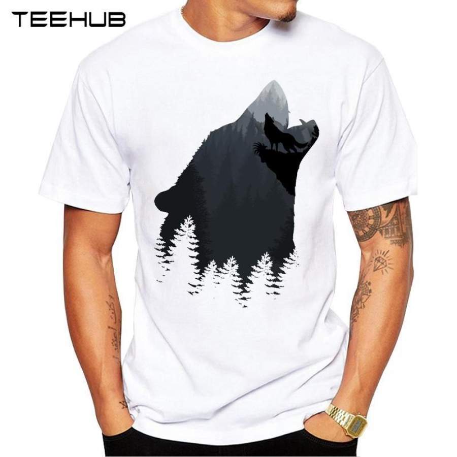 2019 TEEHUB Men’s Fashion Wolf Mountain Printed T-Shirt Short Sleeve Novelty O-neck Design Tops Cool Tee