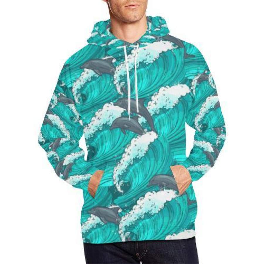 Dolphin Wave Pattern Print Men Pullover Hoodie