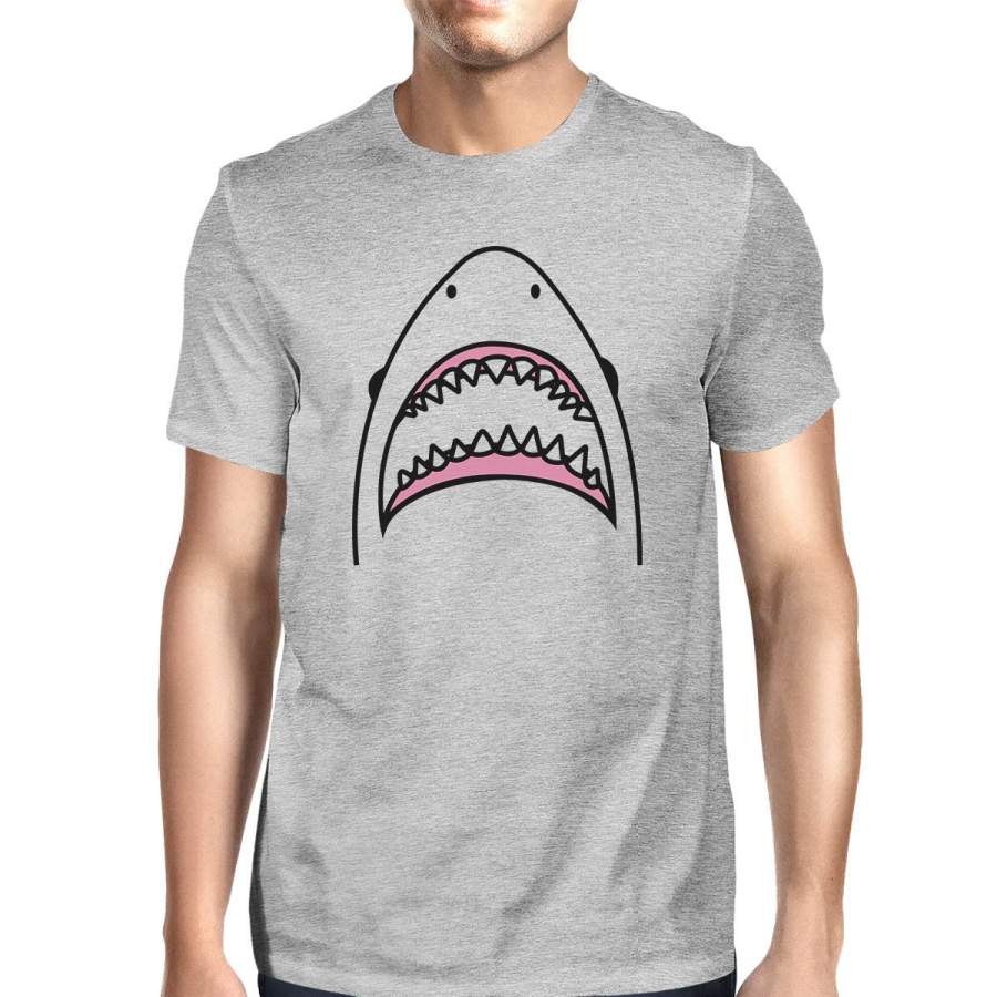 Shark Mens Grey Graphic Tee Round Neck Simple Design Cotton T-Shirt