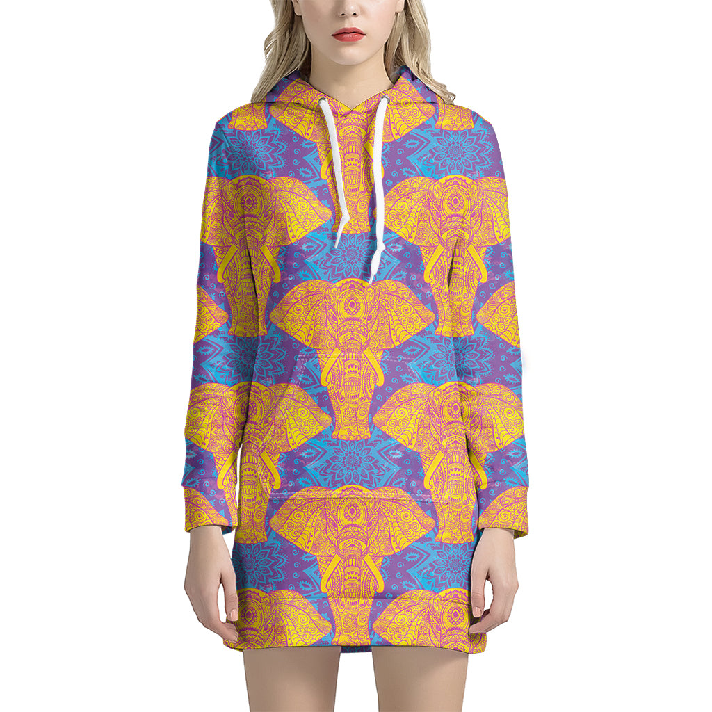 Yellow Mandala Elephant Pattern Print Women’S Pullover Hoodie Dress