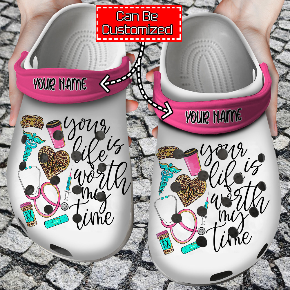 Nurse Crocs – Personalized Your Life Is Worth My Time Nurse Leopard Clog Shoes For Men And Women