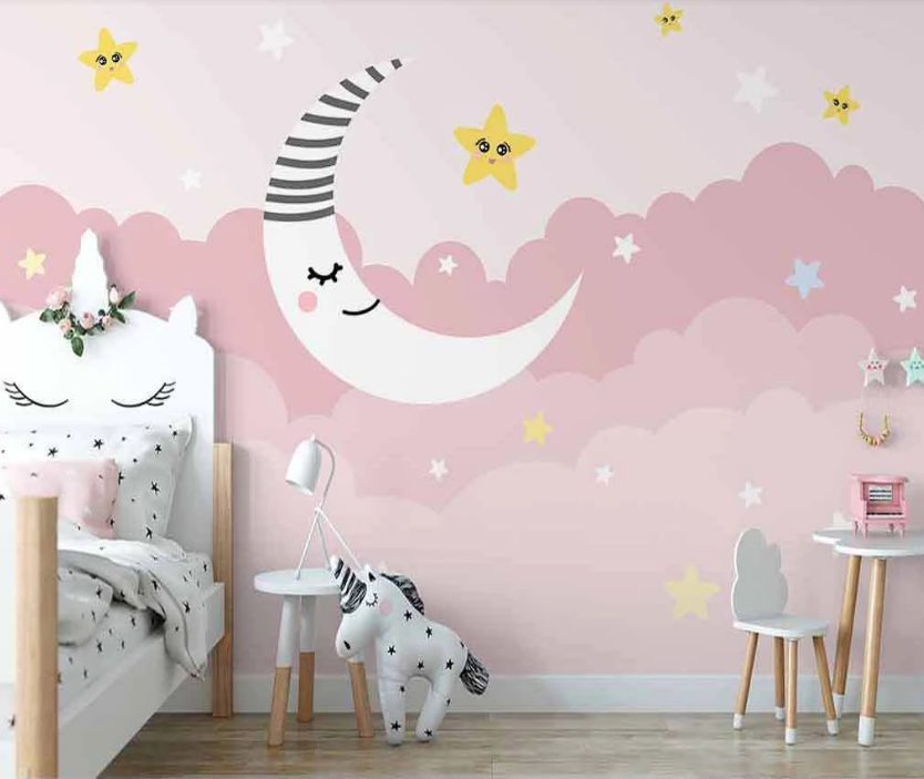 3D Cartoon Moon Star Pink Cloud Unicorn Animal Wall Mural Wallpaper Lxl