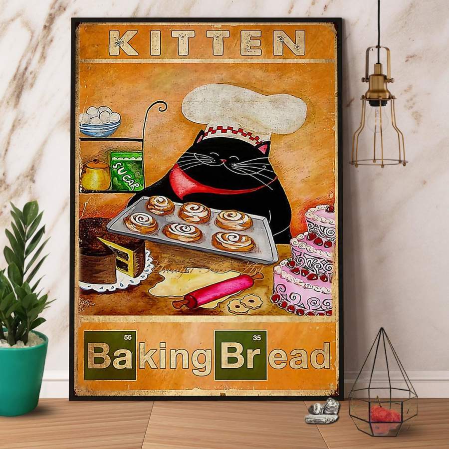 Black cat baking kitten baking bread paper poster no frame/ wrapped canvas wall decor full size