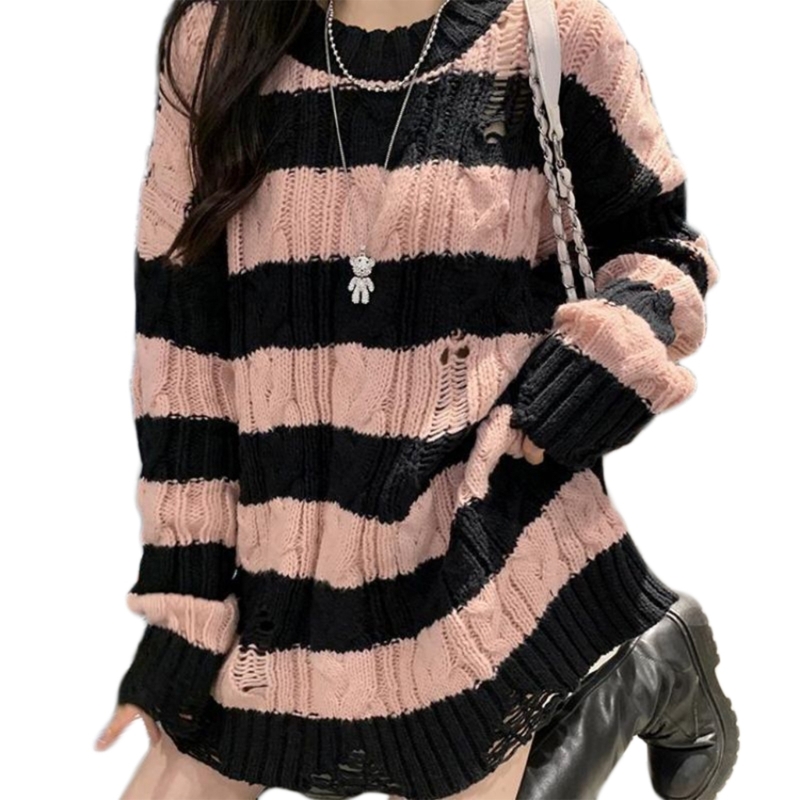 Women Gothic Loose Pullover Jumper Top Chunky Cable Knitted Striped Long Sleeve Sexy Irregular Ripped Hole Sweater Dress alx