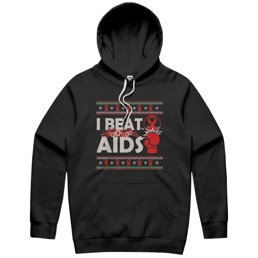 I Beat Aids Awareness Day Red Ribbon Ugly Christmas Sweater Hoodie