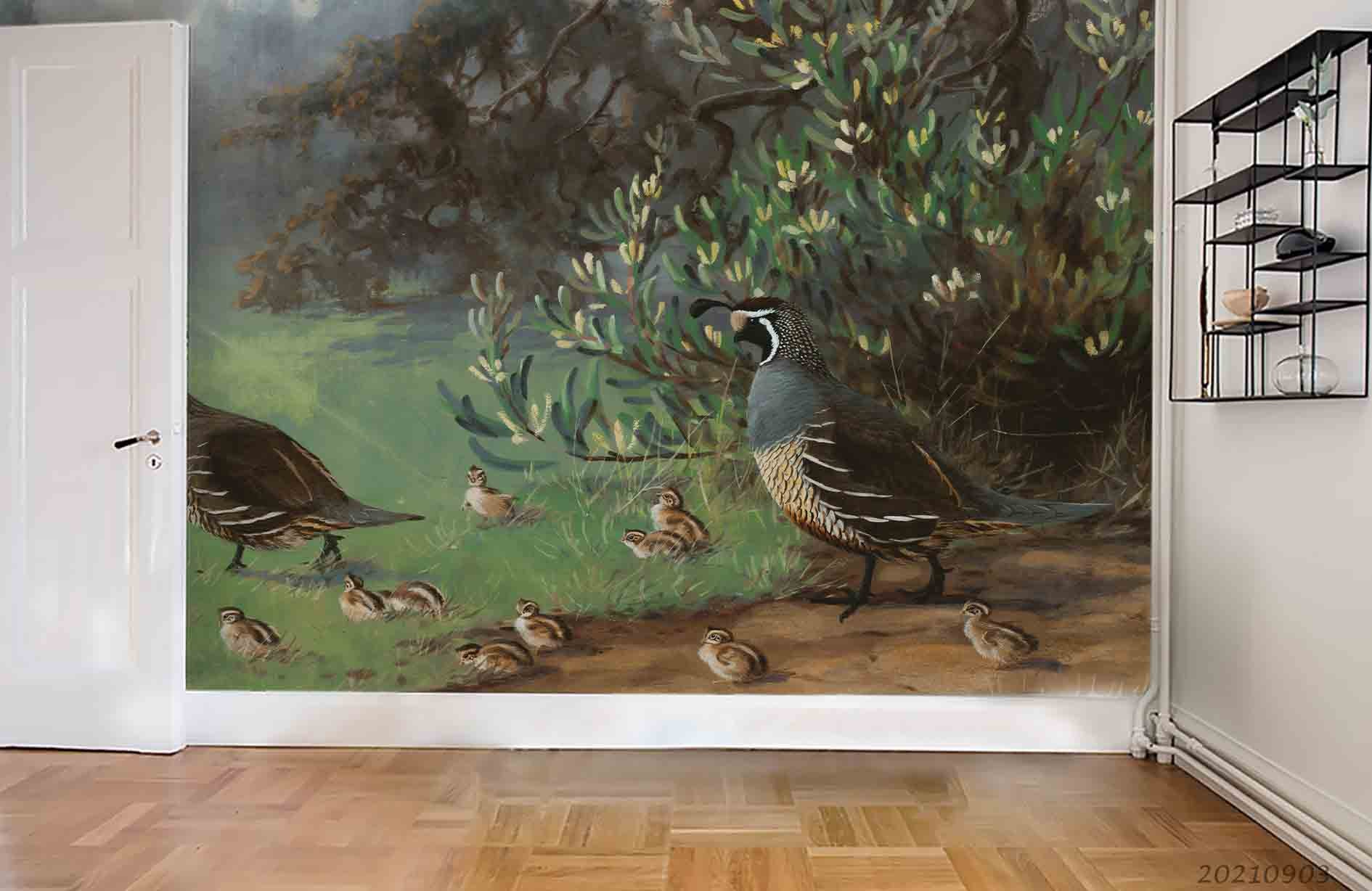 3D Hand Drawn Forest Animal Quail Wall Mural Wallpaper Lqh 257