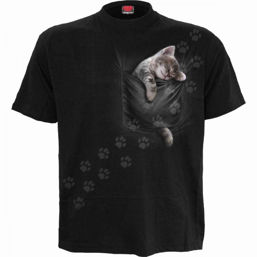 POCKET KITTEN – Front Print T-Shirt Black