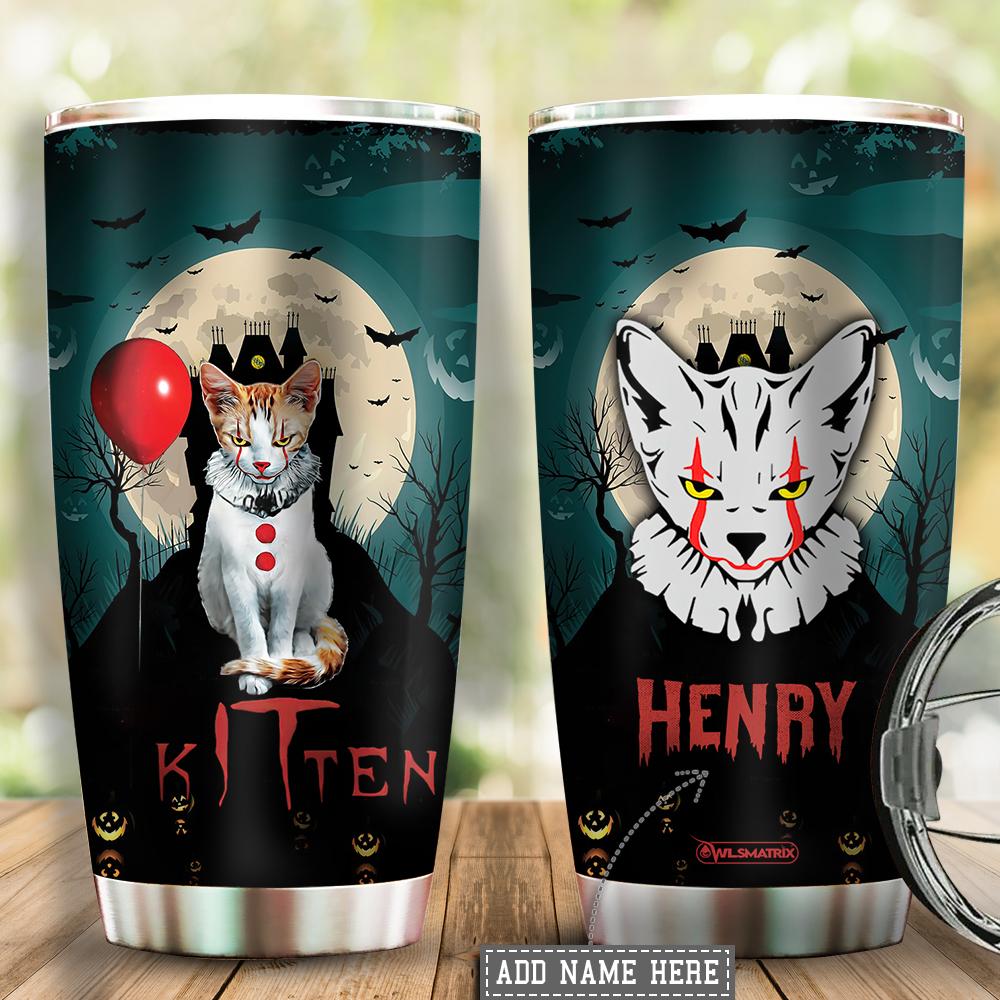 Personalized Halloween Kitten Hello Cat Stainless Steel Tumbler Travel Customize Name, Text, Number, Image Cup