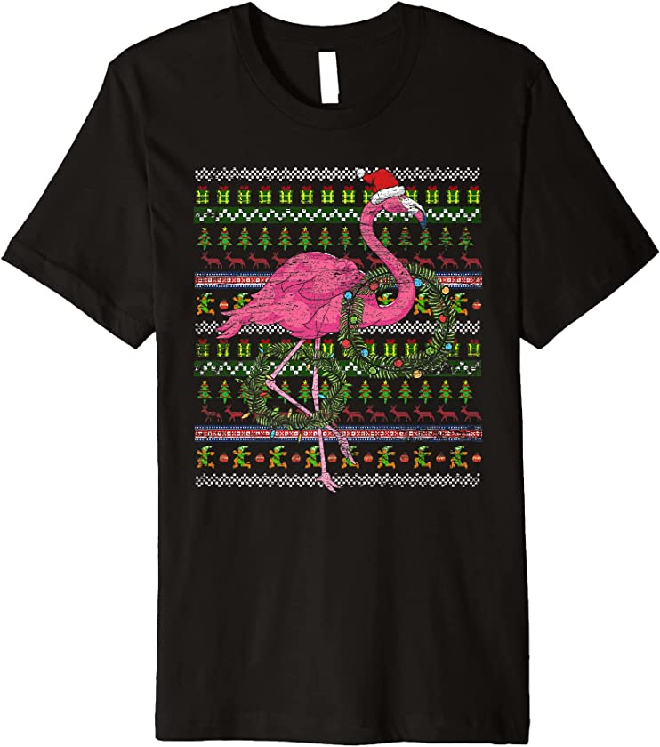 Ugly Christmas Zoo Animal Bird Merry Xmas Pink Flamingo Premium T-Shirt