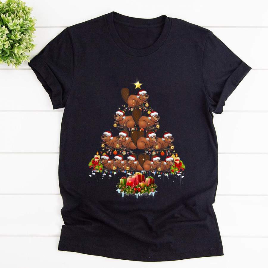 Beavers christmas xmas tree lights santa hat candy cane happy season black cotton t shirt for men and women S-6XL