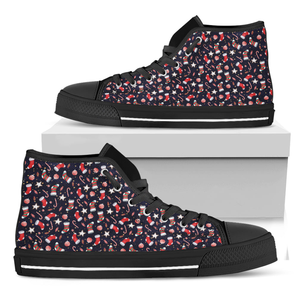 Watercolor Merry Christmas Pattern Print Black High Top Shoes