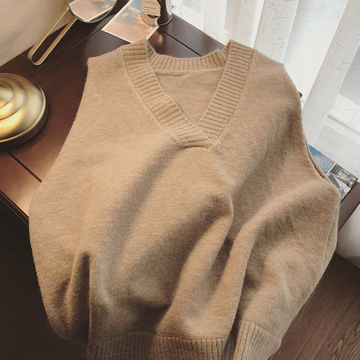 Sweater Vest Womens Spring Fashion Vintage Ulzzang Loose Solid Students All-match Knitted Casual Simple Tender Daily V-Neck Soft alx