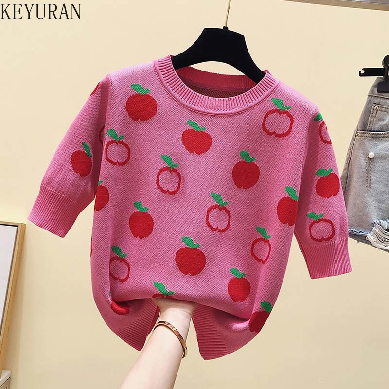 Sweet Strawberries Jacquard Half Sleeve Sweater Women Pullovers Knitting Tops 2022 Spring Summer Loose Knitwear T-shirt Mujer alx