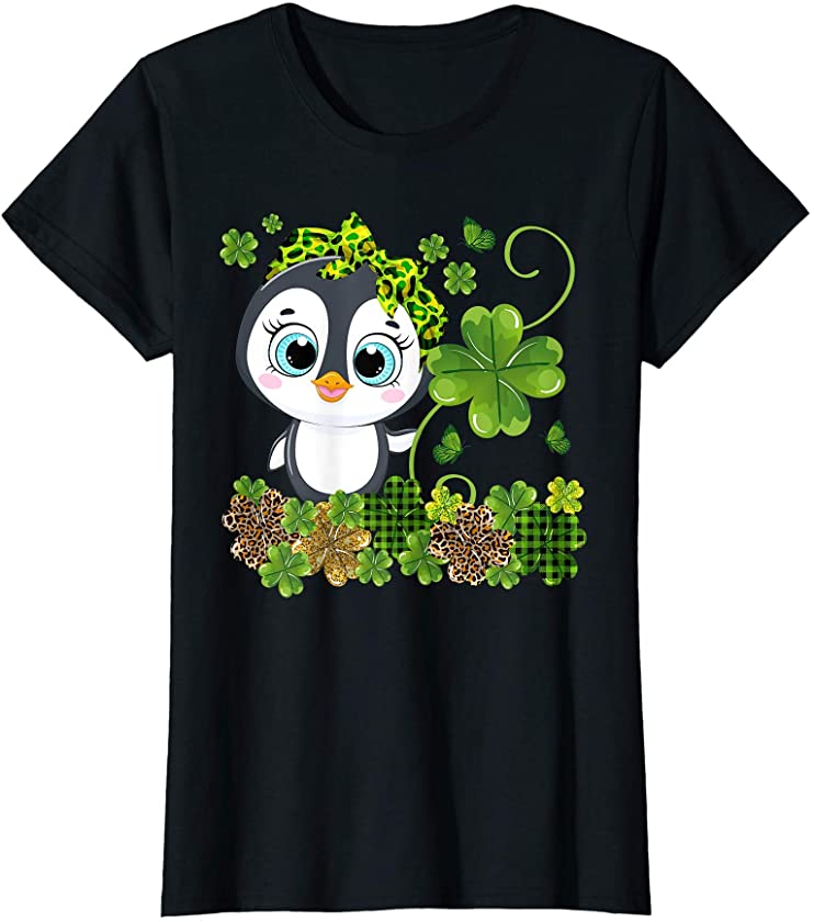 St Patricks Day Penguin Leopard Shamrock For Women Kids T-Shirt