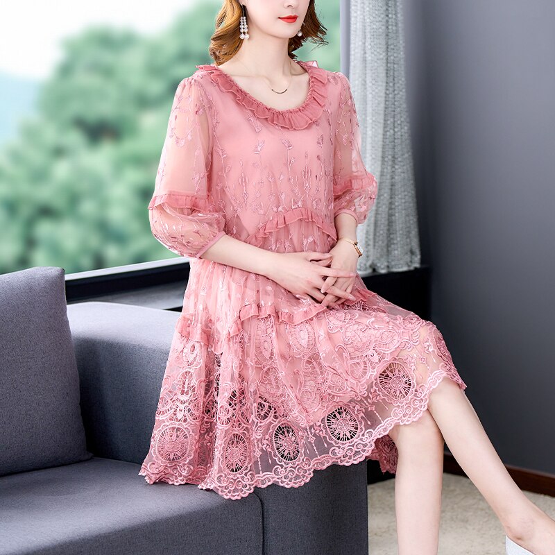 Women Loose Pink Floral Mesh Embroidery Midi Dress 2021 Summer Vintage 5XL Plus Size Casual Dress Elegant Bodycon Party Vestidos alx