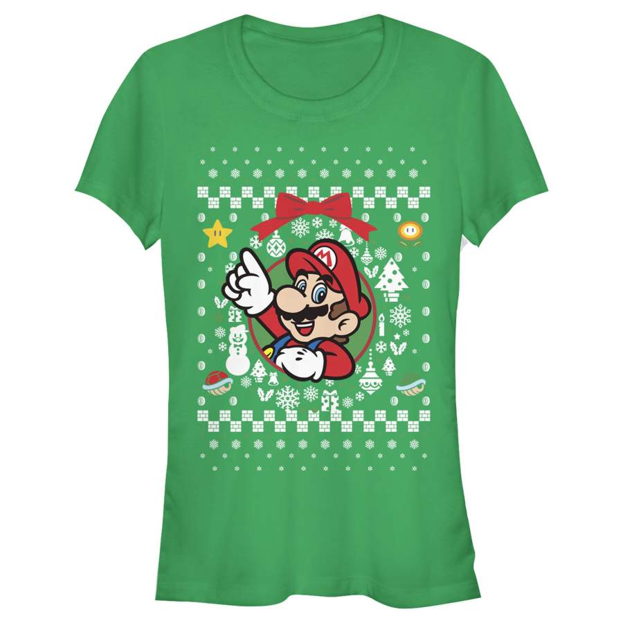 Nintendo Junior’s Ugly Christmas Mario Wreath  T Shirt