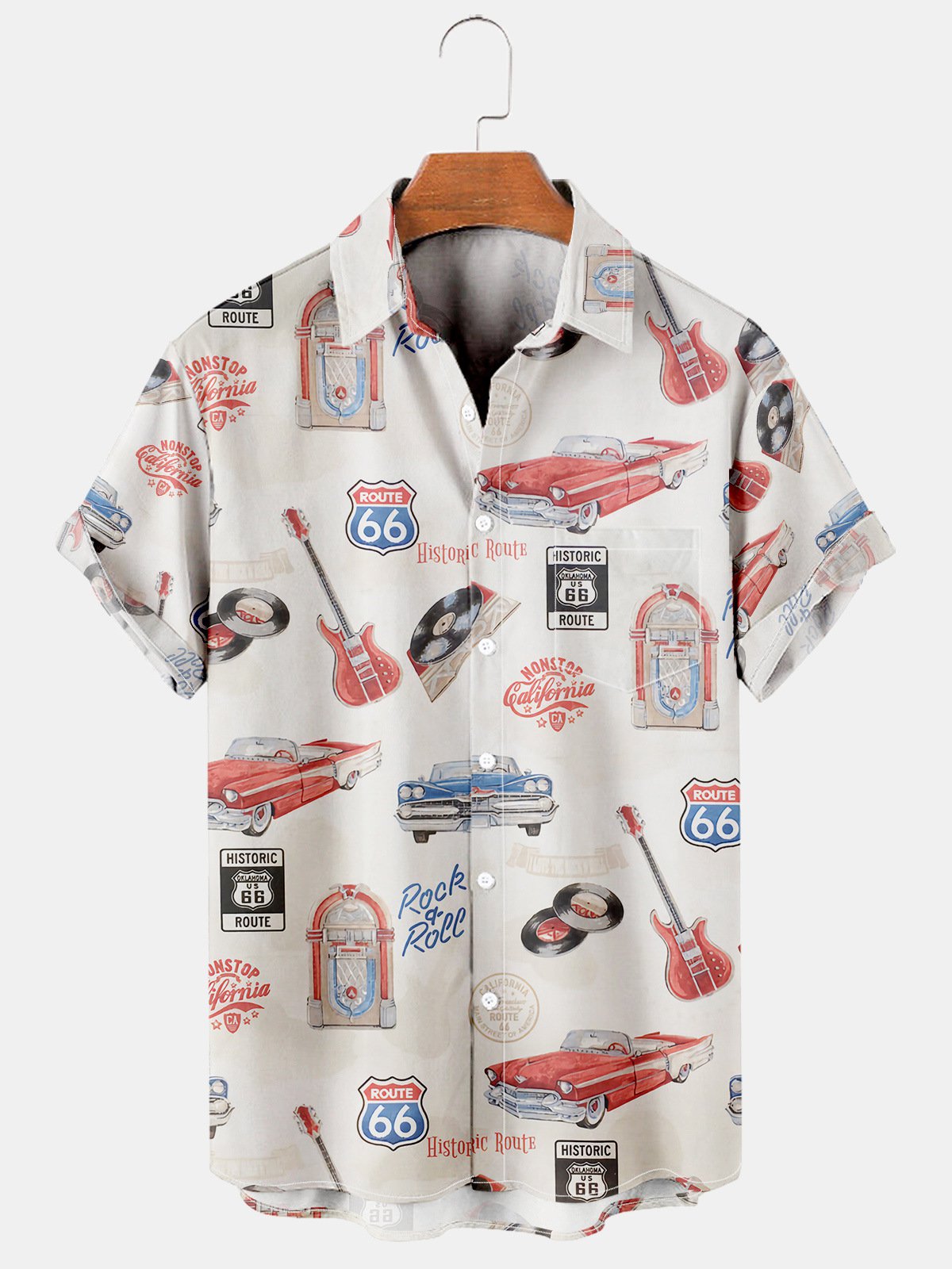 Mens Music Guitar Route 66 Casual Breathable Chest Pocket Short Sleeve Hawaii Shirts Ha63099