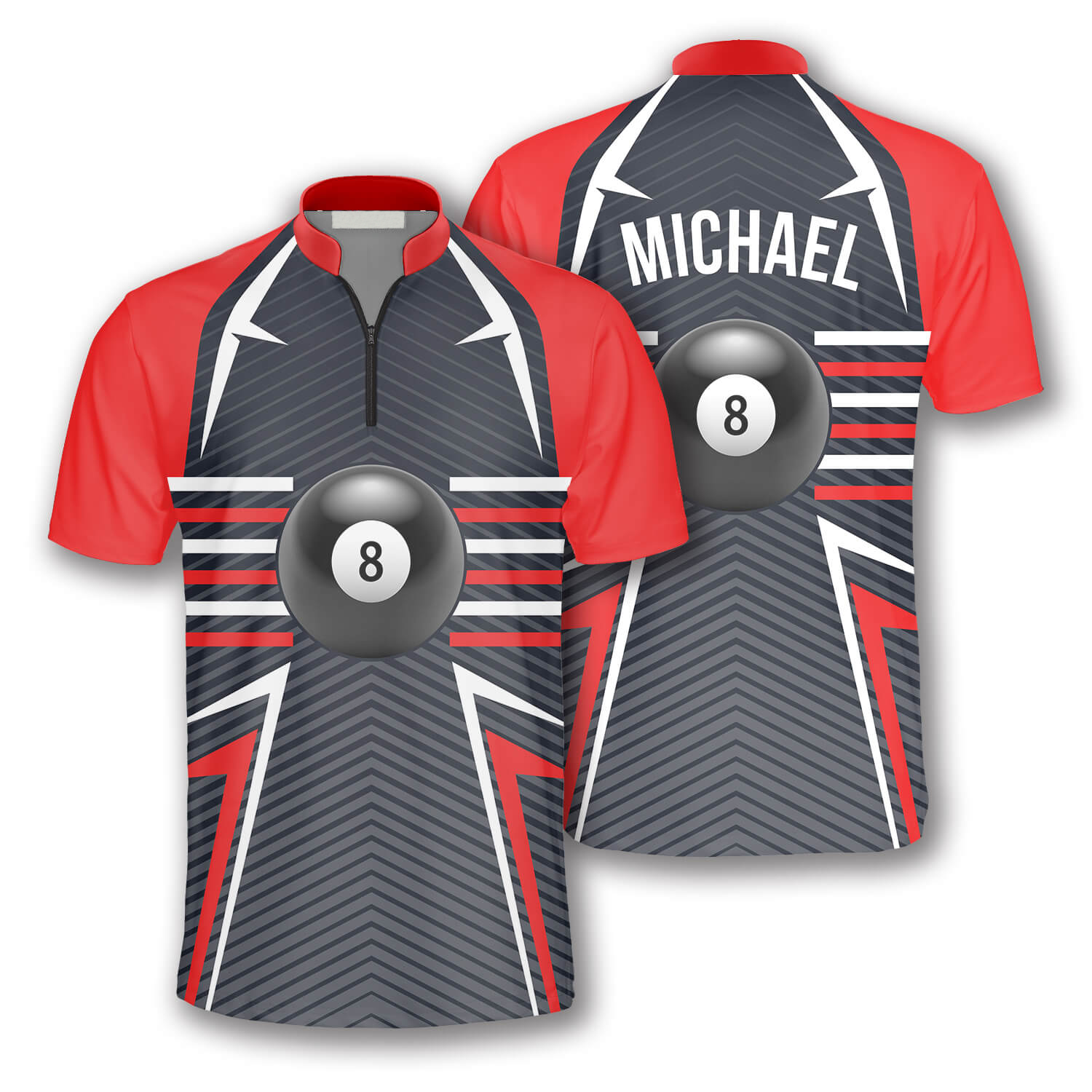 Ball 8 Red Grey Custom Billiard Jerseys For Men, 3D All Over Print Billiard Jersey Shirt