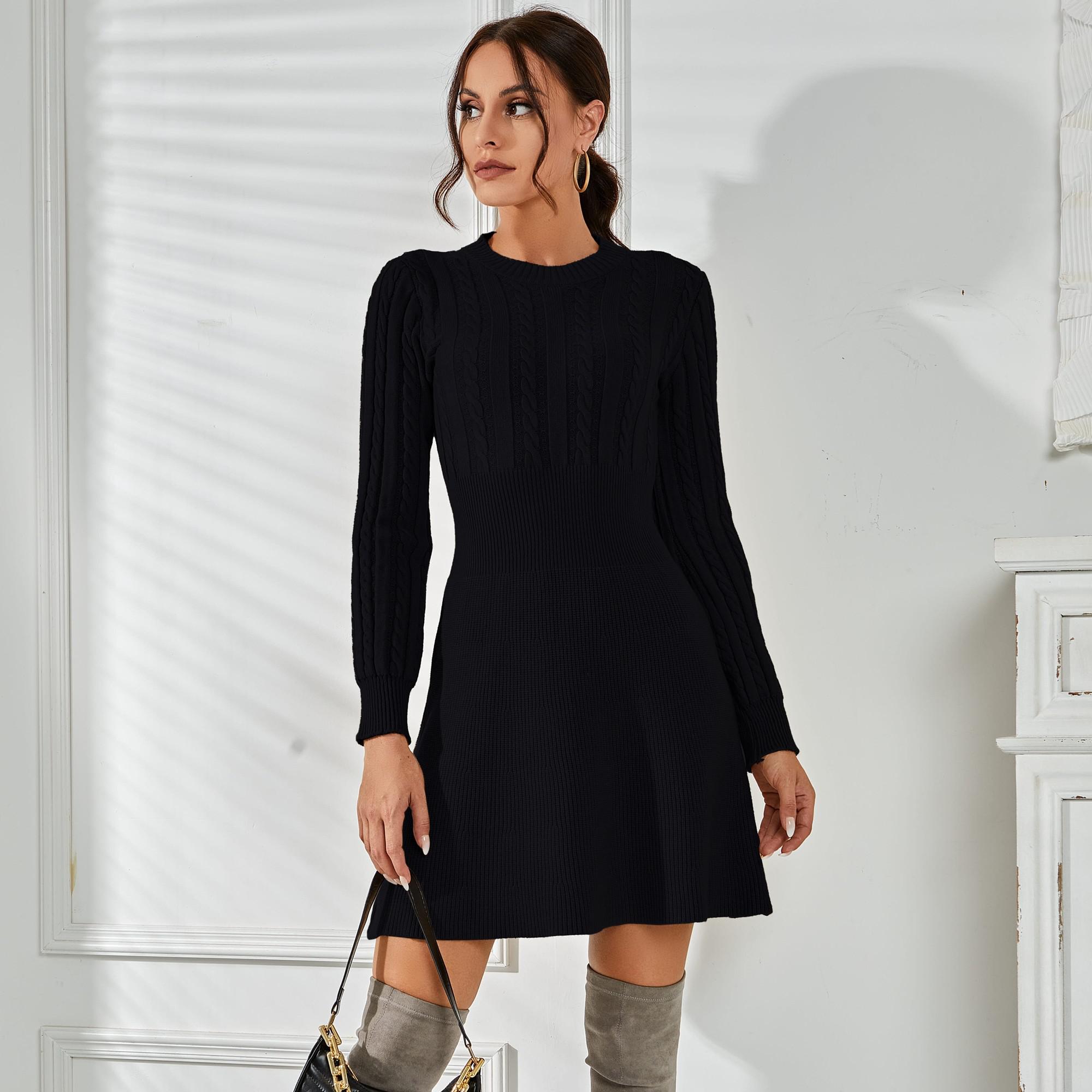 ZHISILAO Long Sleeve Knitted Dresses Women Winter Autumn 2021 O-Neck A-line Mini Dress Sexy Thicken Short Sweater Dress Black alx