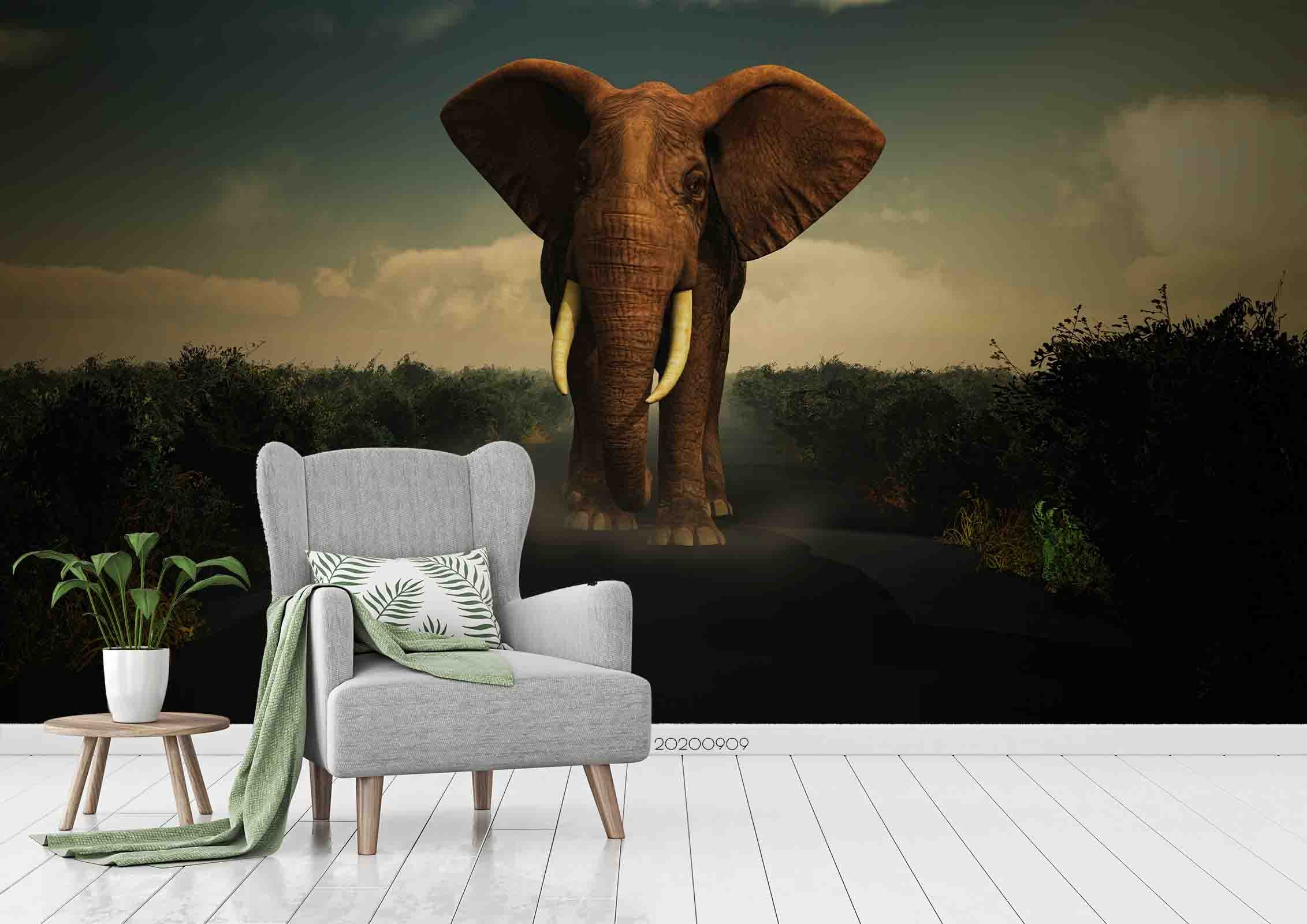 3D Cloud Green Forest Elephant Animal Wall Mural Wallpaper Lxl