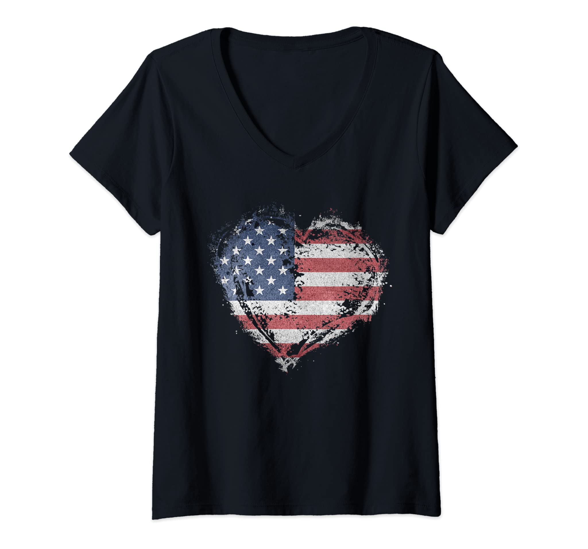 Womens Vintage Heart Shirt American Flag USA Patriotic 4th of July V-Neck T-Shirt