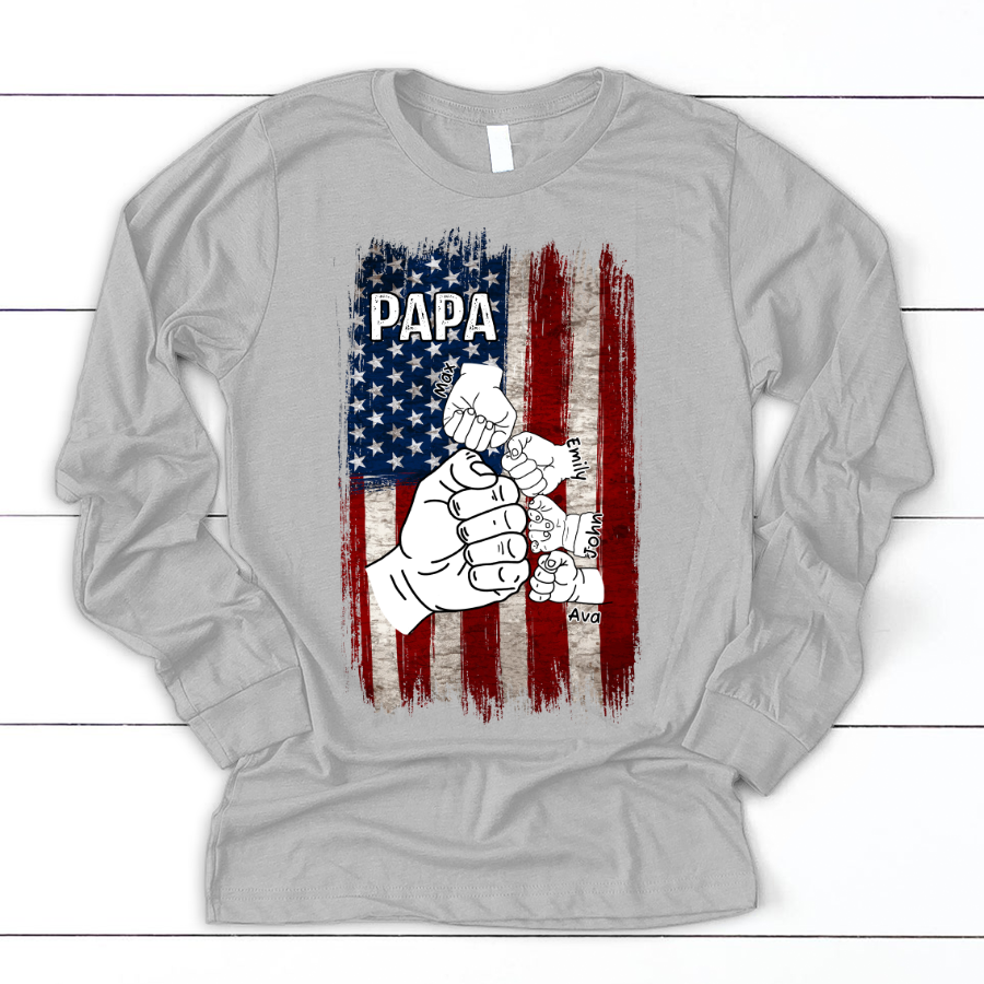 Papa Grandpa American Vertical Flag Grandkids Hands Longsleeve