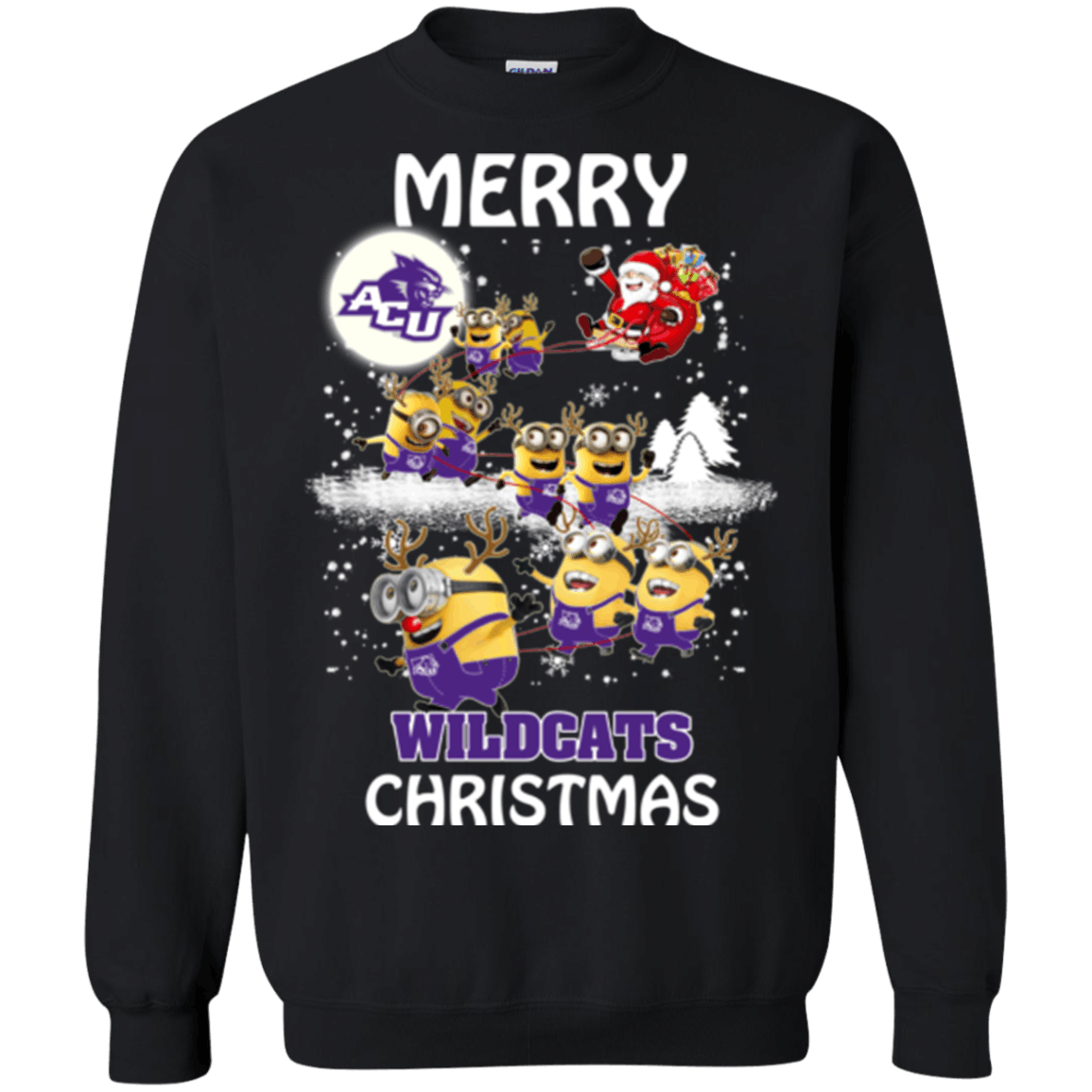 Perfect Abilene Christian Wildcats Minion Ugly Christmas Sweaters Santa Claus With Sleigh Hoodies Sweatshirts