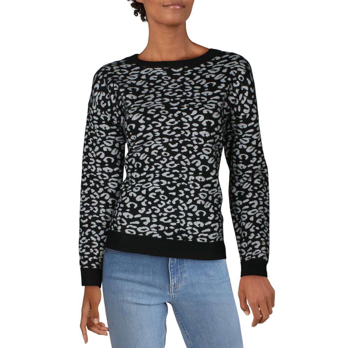 Womens Ribbed Trim Animal Print Crewneck Sweater